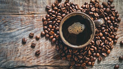 A steaming cup of black coffee sits amidst a scattering of whole coffee beans on a rustic wooden surface, creating a warm and inviting scene.