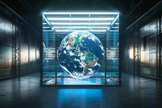 realistic Earth placed inside a futuristic glass cube surrounded by advanced technology, concept of global control systems
 - Powered by Adobe