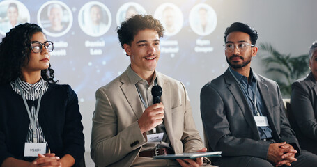 Plakat Conference, speaker and panel of people on a stage for discussion, seminar faq and presentation. Business summit, entrepreneurship expo and men with women with mic for tradeshow, event and convention