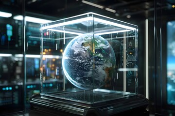 realistic Earth placed inside a futuristic glass cube surrounded by advanced technology, concept of global control systems
