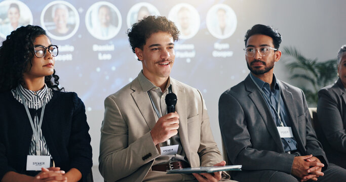 Conference, speaker and panel of people on a stage for discussion, seminar faq and presentation. Business summit, entrepreneurship expo and men with women with mic for tradeshow, event and convention