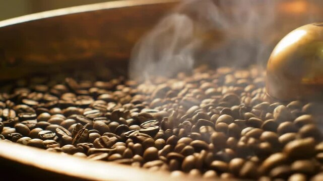 Close-up of steaming, freshly roasted coffee beans in a copper roaster