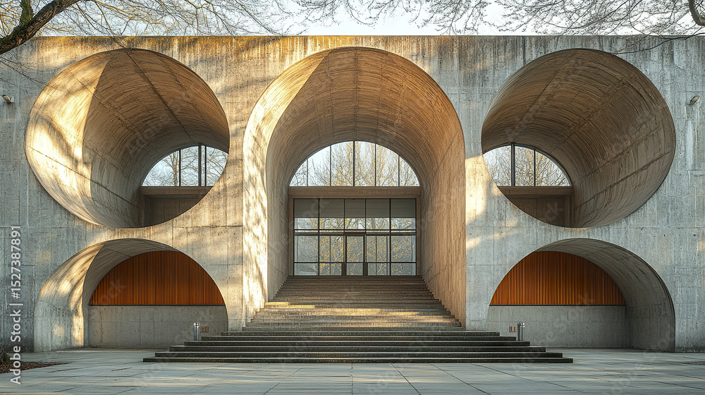 Poster modern architecture features interlocking concrete arcs casting long shadows, creating striking