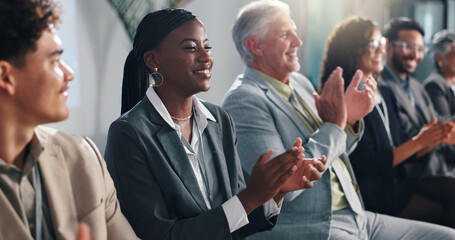 Conference, happy business people and applause for success, well done and thank you. Seminar, group and clapping for presentation, praise and public speaking with celebration for goal achievement