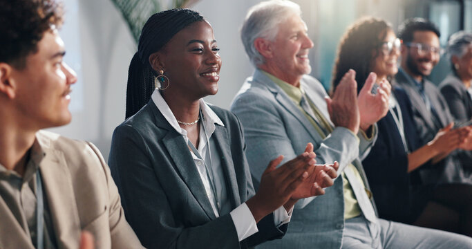 Fototapeta Conference, happy business people and applause for success, well done and thank you. Seminar, group and clapping for presentation, praise and public speaking with celebration for goal achievement