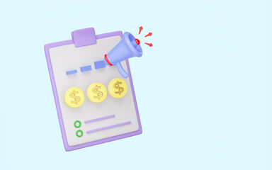 3d megaphone or loudspeaker, hand speaker icon with clipboard, checklist paper isolated on blue background. project plan, business strategy concept, 3d render illustration