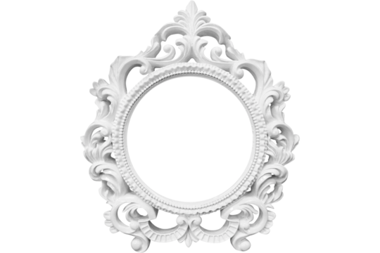 Ornate white oval frame with floral and scroll details on a black background creating a vintage look