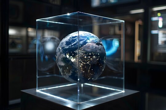 realistic Earth placed inside a futuristic glass cube surrounded by advanced technology, concept of global control systems
