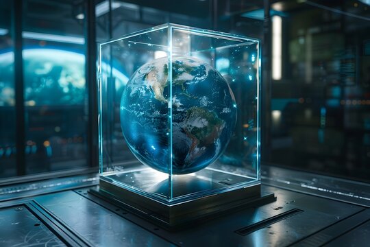 realistic Earth placed inside a futuristic glass cube surrounded by advanced technology, concept of global control systems
