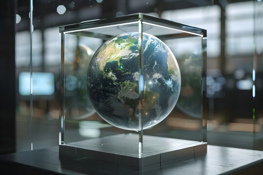 realistic Earth placed inside a futuristic glass cube surrounded by advanced technology, concept of global control systems
 - Powered by Adobe