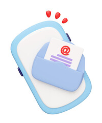 3D cartoon mobile phone, smartphone with envelope, at symbol  isolated. notify newsletter, online social network, incoming email concept, 3d render illustration