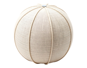 Close-up of a beige fabric sphere with seam details and button, isolated