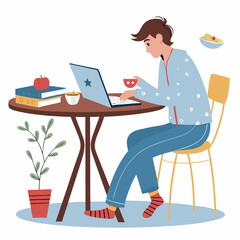 Create a bold, vector illustration of a student wearing pajamas, working diligently.  Focus on clean lines and a strong silhouette.