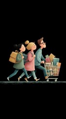 Red-Black Shopping Frenzy: Three Characters Sprinting with a Loaded Cart in Flat Vector Art