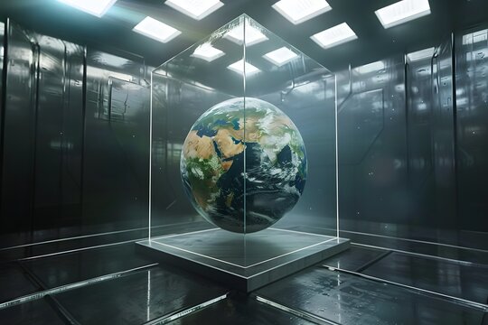 realistic Earth placed inside a futuristic glass cube surrounded by advanced technology, concept of global control systems
