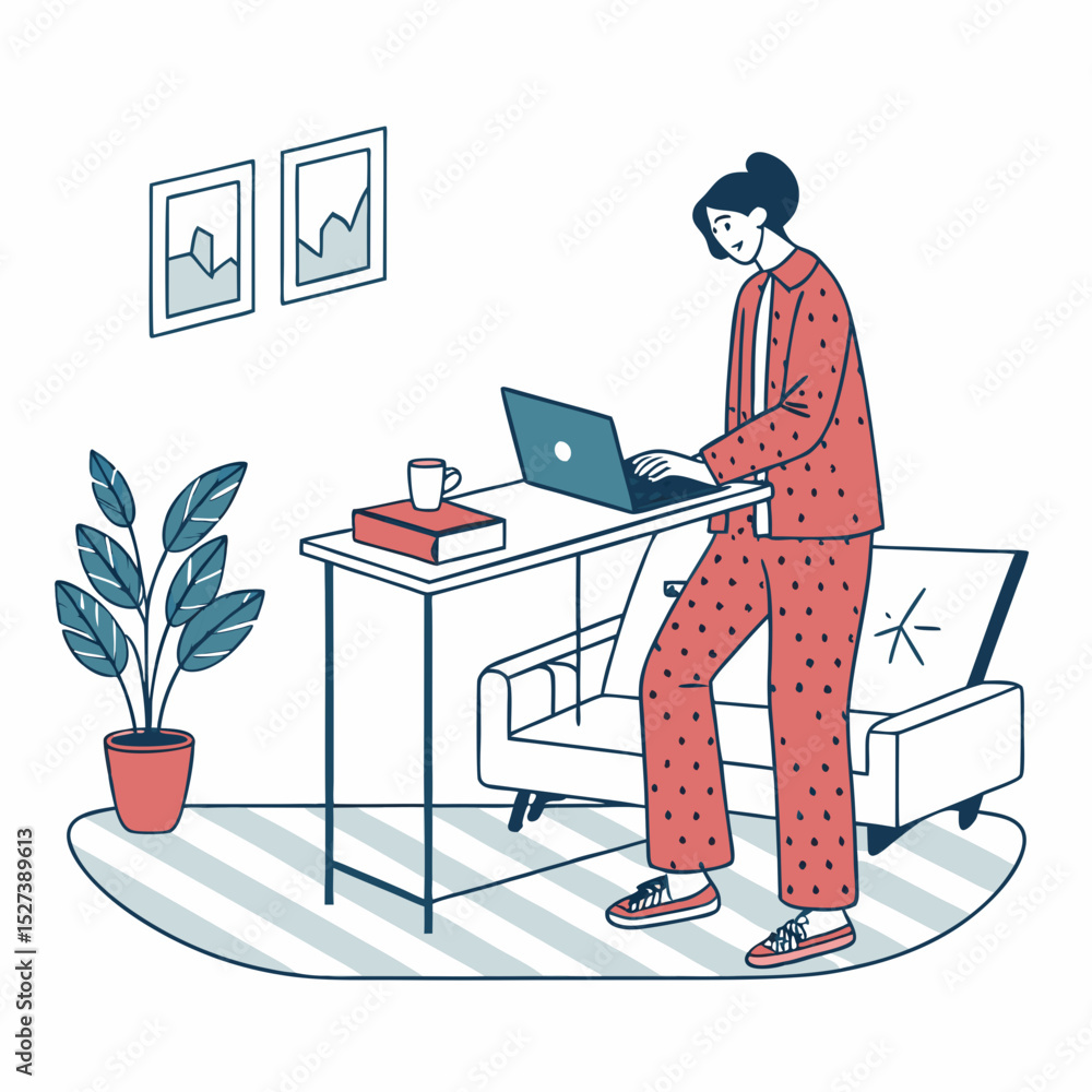 Poster create a bold vector illustration of a workspace integrated into a living room, emphasizing clean li