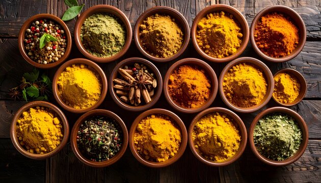 Colorful spices arrayed in bowls on a wooden surface