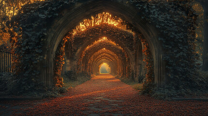 Fototapeta premium serene pathway lined with ivy draped archways, illuminated by golden hour light