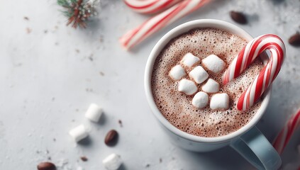 Festive hot cocoa with candy canes and marshmallows