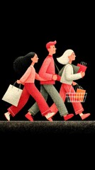 Red-Black Shopping Frenzy: Three Characters Sprinting with a Loaded Cart in Flat Vector Art