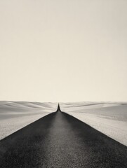 A straight road in the middle of magnificent sand dunes, dramatic photo, simple line drawing, symmetrical composition, at dusk, master of landscape photography, film emulsion fading effect