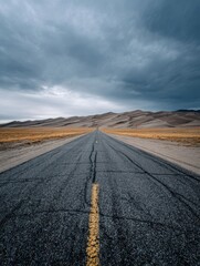A straight road in the middle of magnificent sand dunes, dramatic photo, simple line drawing, symmetrical composition, at dusk, master of landscape photography, film emulsion fading effect