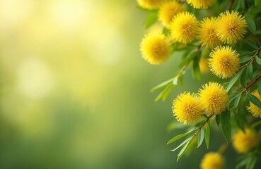 Obraz premium Beautiful frame mimosas blurred green background. Yellow spring flowers in bloom, fresh green leaves. Modern minimalist nature photo for International Women Day greetings banner postcard.
