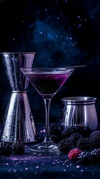 Midnight Blackberry Martini Cosmic Cocktail with Galaxy Backdrop