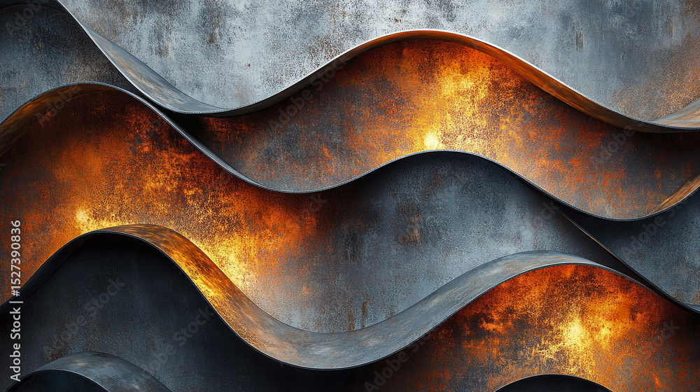 Poster Wavy metal sheets with rusty texture create striking visual effect this ambient studio setting