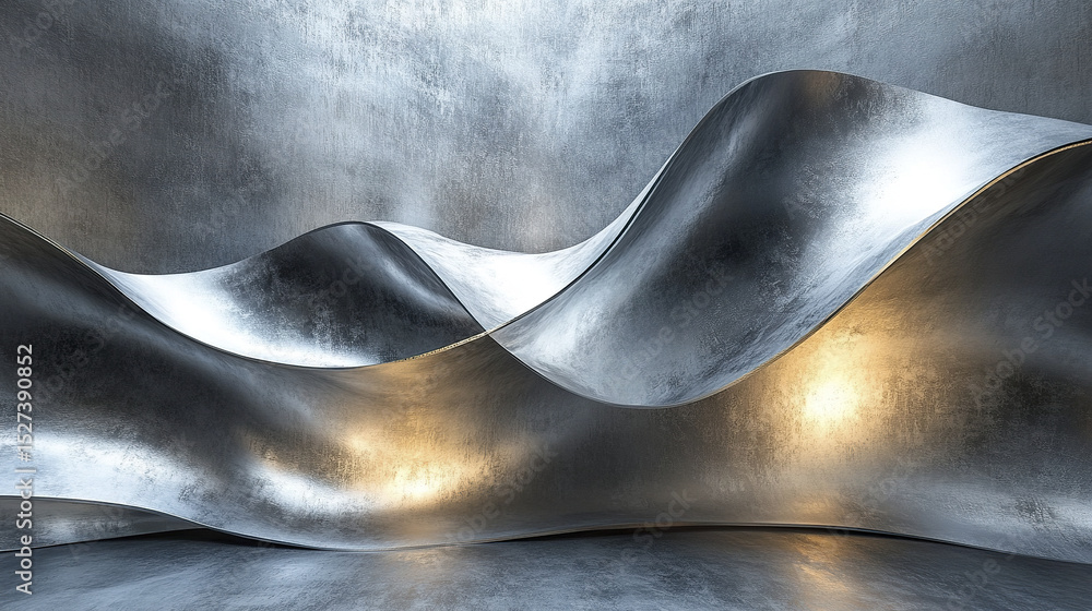 Poster stunning abstract scene featuring smooth, metallic waves that create dynamic visual flow