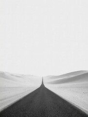 A straight road in the middle of magnificent sand dunes, dramatic photo, simple line drawing, symmetrical composition, at dusk, master of landscape photography, film emulsion fading effect