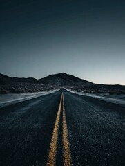 A straight road in the middle of magnificent sand dunes, dramatic photo, simple line drawing, symmetrical composition, at dusk, master of landscape photography, film emulsion fading effect