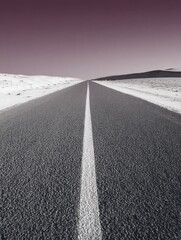 A straight road in the middle of magnificent sand dunes, dramatic photo, simple line drawing, symmetrical composition, at dusk, master of landscape photography, film emulsion fading effect