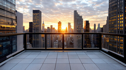 Stunning rooftop view of city skyline at sunset, showcasing tall buildings and vibrant sky