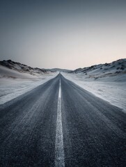 A straight road in the middle of magnificent sand dunes, dramatic photo, simple line drawing, symmetrical composition, at dusk, master of landscape photography, film emulsion fading effect