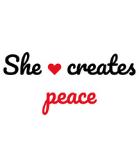 Minimalist “She creates peace” lettering PNG with red heart. Perfect for stickers, cards, planners, prints, journaling, self-care products, and mental health awareness projects.
