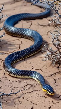 A black mamba snake moves swiftly across dry, cracked earth in Africa. Its glossy charcoal skin contrasts with thorny shrubs as it navigates the arid landscape under the blazing sun
