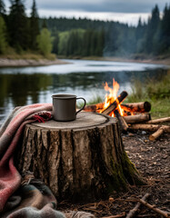 a stump on which stands a metal mug, a warm blanket lies nearby
