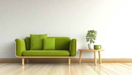 Green couch, light room, simple style