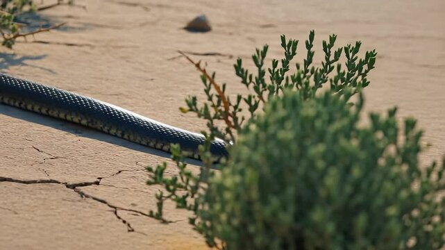 A sleek black mamba moves swiftly across dry, cracked earth in the African landscape. The snake navigates thorny shrubs with stealth as it searches for food under the intense sun