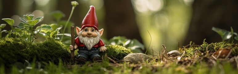 Obraz premium A charming garden gnome stands amongst mossy foliage in a dark forest setting, holding a small stick.