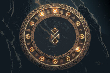 Render a fantasy obsidian stone tablet framed by glowing, ethereal runes.  High detail, dark background.