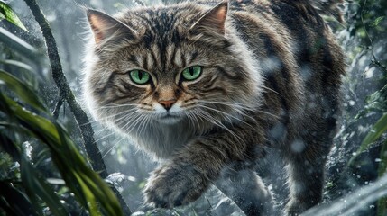 Close-up of a majestic cat amidst a misty forest.