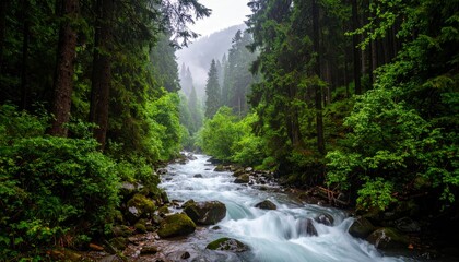 Obraz premium wilderness forest river in the mist