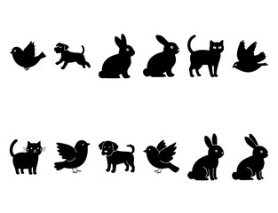 Pet doodle silhouette collection. EPS Vector Silhouette File of simple cat, dog, rabbit and bird sketches, playful animal motifs black illustration