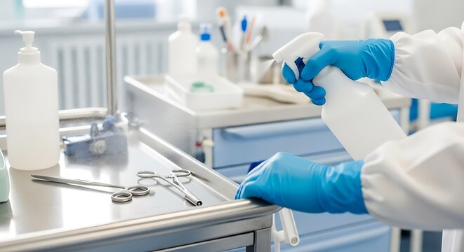 Medical Professional Disinfecting Surgical Instruments and Equipment - Powered by Adobe