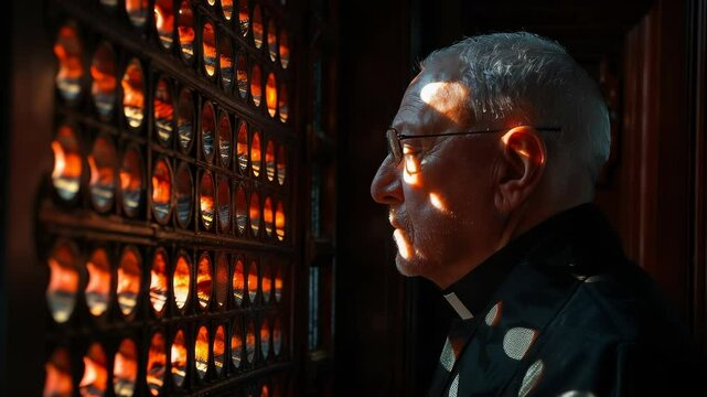 In a serene church setting, a devoted believer receives the sacrament of confession from a compassionate priest. The atmosphere is filled with a sense of reflection and forgiveness