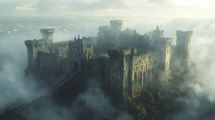 Majestic stone citadel with crenelated towers surrounded by misty landscape