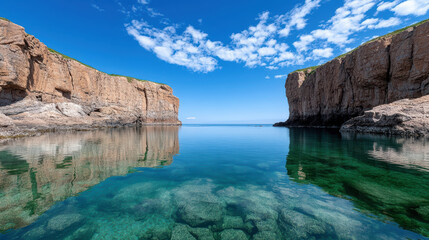 Serene lagoon with clear water reflecting cliffs and blue sky, creating tranquil atmosphere