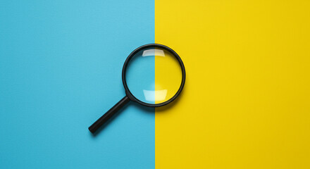 A magnifying glass positioned over a background divided into blue and yellow sections equally divided business.selling ,purchasing,agreement 